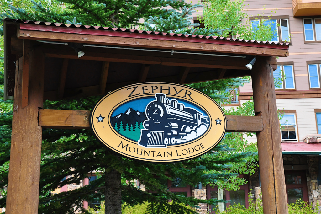 Entry sign to Zephyr Mountain Lodge at the base of Winter Park Ski Resort.